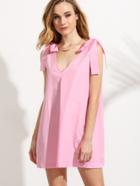 Romwe Pink Double V Neck Bow Tie Shoulder Sleeveless Dress
