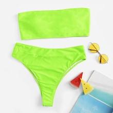 Romwe Plus Neon Lime Bandeau With High Leg Bikini