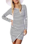 Romwe Long Sleeve Striped Asymmetrical White Dress