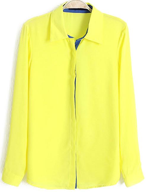 Romwe Lapel With Buttons Chiffon Neon Yellow Blouse