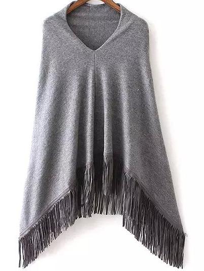 Romwe V Neck Tassel Grey Poncho