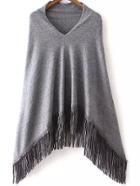 Romwe V Neck Tassel Grey Poncho