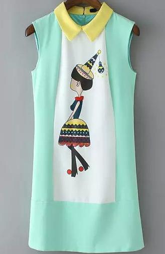 Romwe Contrast Collar Sleeveless Embroidered Slim Dress