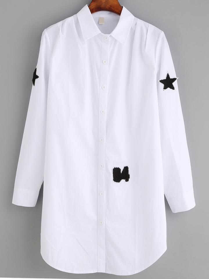 Romwe White Long Line Blouse With Embroidered Patch Detail