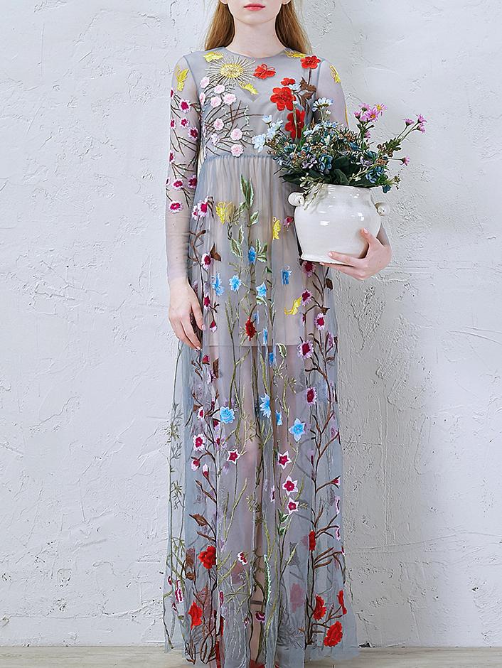 Romwe Grey Sheer Gauze Embroidered Maxi Dress