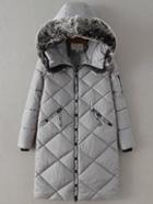 Romwe Grey Diamond Padded Coat With Faux Fur Hooded