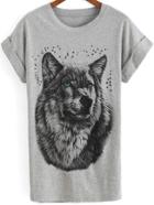 Romwe Grey Round Neck Dog Print T-shirt