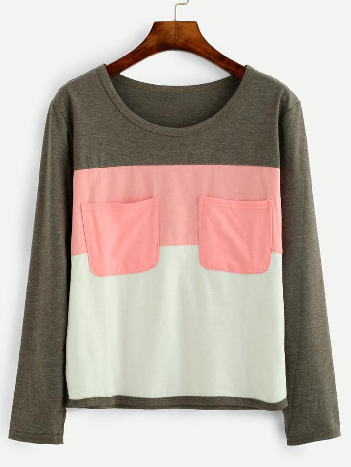 Romwe Color Block Dual Pocket Front T-shirt