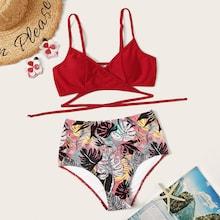 Romwe Cross Wrap Top With Random Tropical Bikini Set