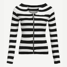 Romwe Striped Zip Up Sweater