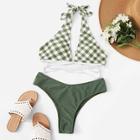 Romwe Gingham Strappy Halter Top With Cheeky Bikini Set