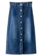 Romwe Blue Knee Length Buttons Front Denim Skirt