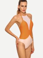 Romwe Contrast Halter Neck One-piece Swimwear