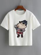 Romwe Cartoon Embroidered Patch T-shirt