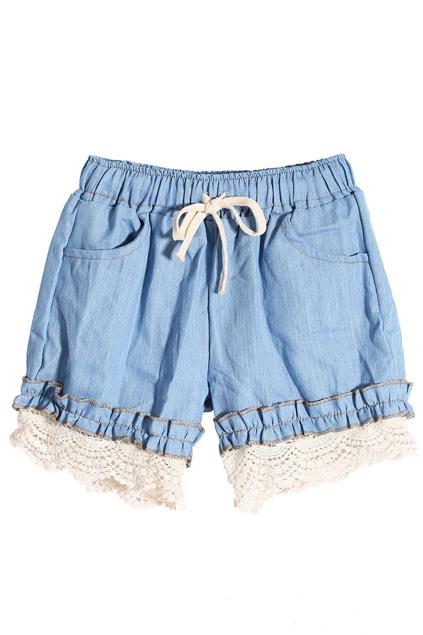 Romwe Lace Hem Drawstring Elastic Denim Light-blue Shorts