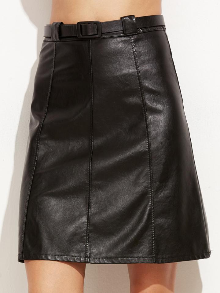 Romwe Black Faux Leather A-line Skirt With Belt