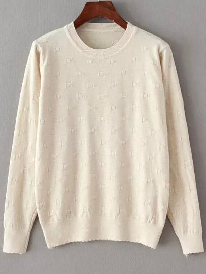 Romwe Round Neck Dotted Crochet Beige Sweater