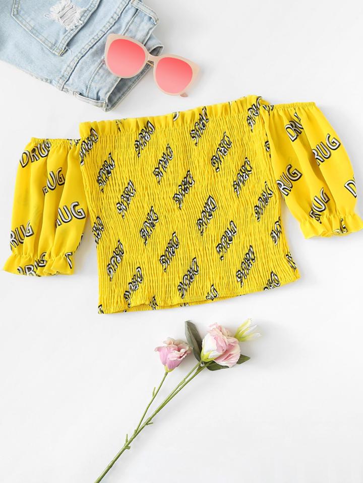 Romwe Letter Print Pleated Frill Trim Top