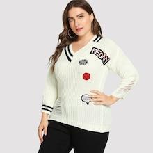 Romwe Plus Patched Decoration Ripped Detail Sweater