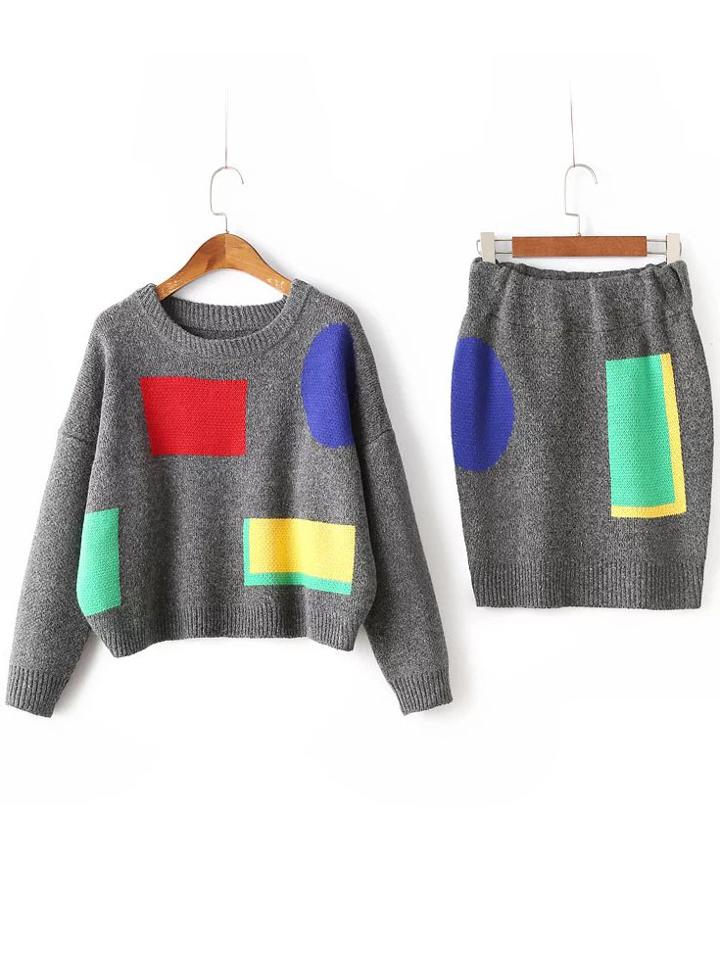 Romwe Dark Grey Color Block Drop Shoulder Sweater With Skirt
