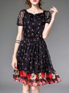 Romwe Black Tie Neck Drawstring Print A-line Dress