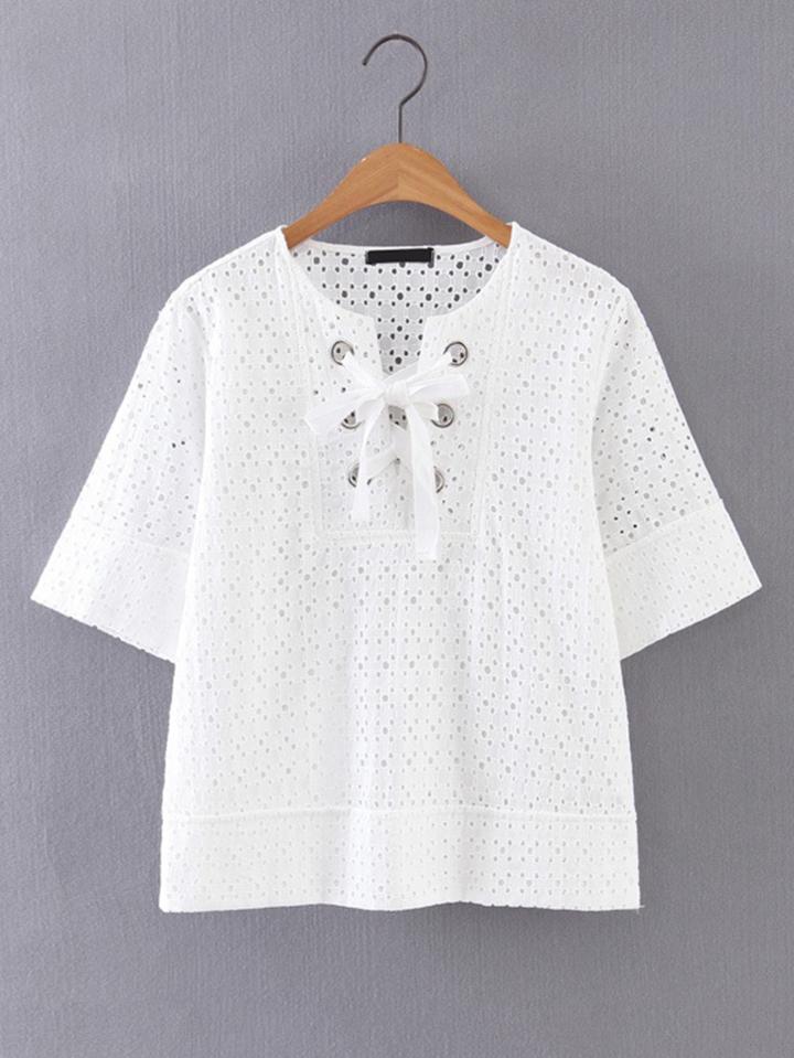 Romwe Lace Up Grommet Hollow Out Top