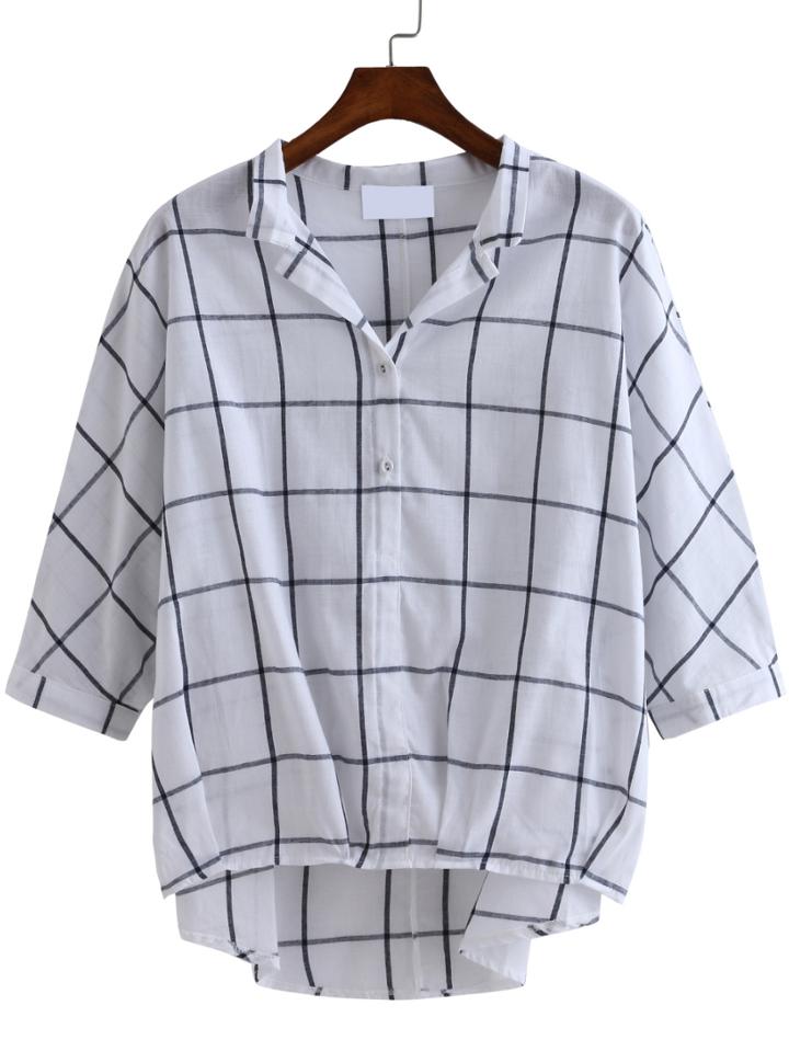 Romwe V Neck Dip Hem Gingham Blouse