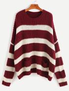 Romwe Burgundy And White Striped Double Pocket Front Sweater