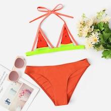 Romwe Watermelon Print Top With High Leg Bikini Set