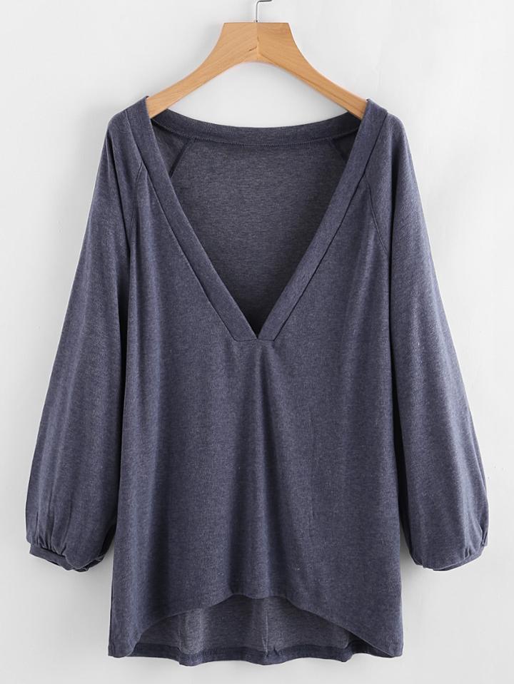 Romwe Plunge Raglan Sleeve Dip Hem Marled Tee