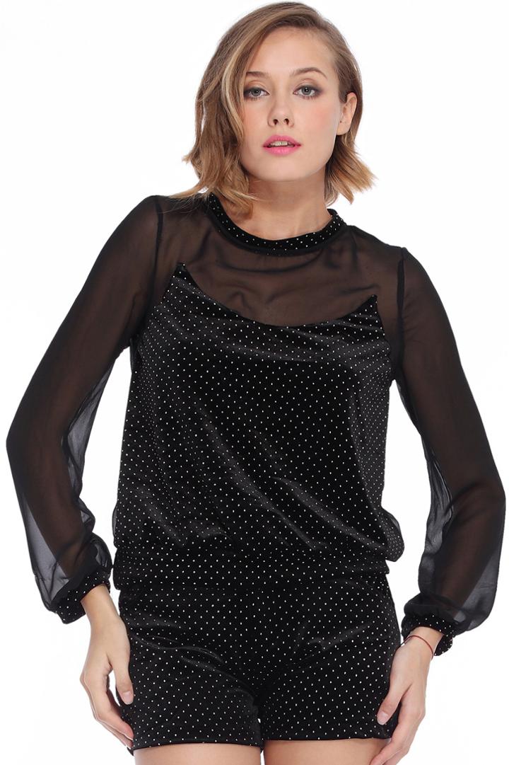 Romwe Dot Embellished Black Velvet T-shirt