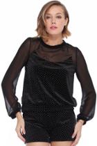 Romwe Dot Embellished Black Velvet T-shirt