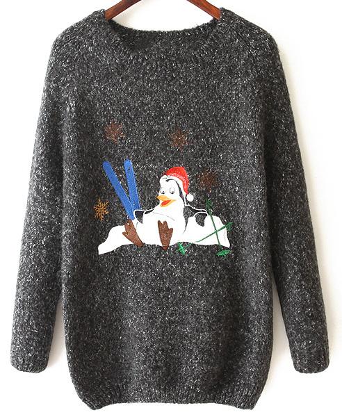 Romwe Penguin Print Loose Black Sweater