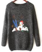 Romwe Penguin Print Loose Black Sweater
