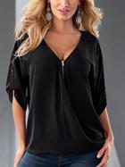 Romwe Zip Front Rolled Sleeve Blouse - Black