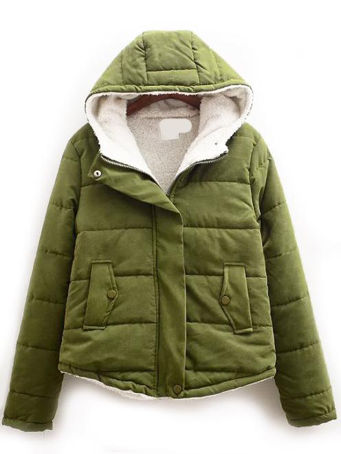 Romwe Hooded Zipper Pockets Green Coat
