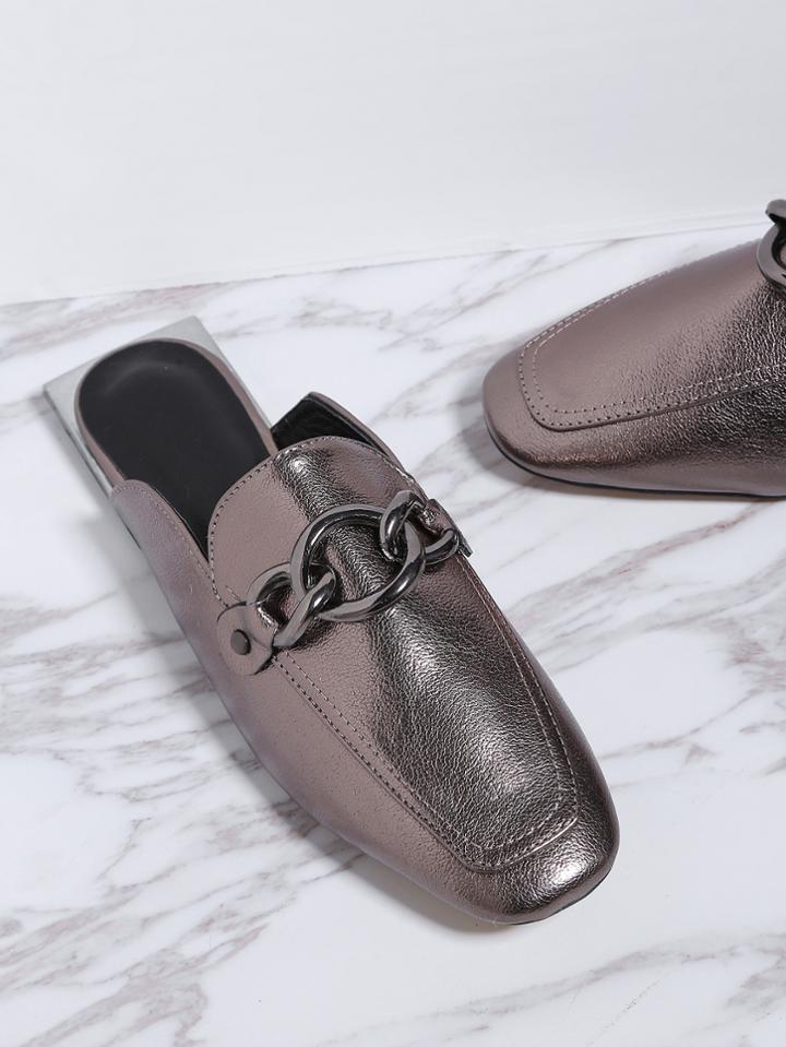 Romwe Silver Square Toe Pu Loafer Slippers
