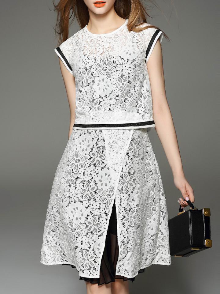 Romwe White Crew Neck Split Lace Two-pieces Dress