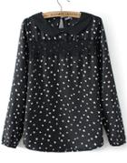 Romwe Stars Print Lace Embellished Black Blouse