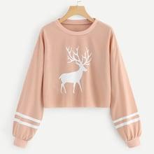 Romwe Christmas Print Varsity Striped Crop Sweatshirt
