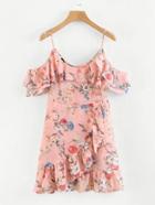 Romwe Random Florals Ruffle Trim Overlap Dress