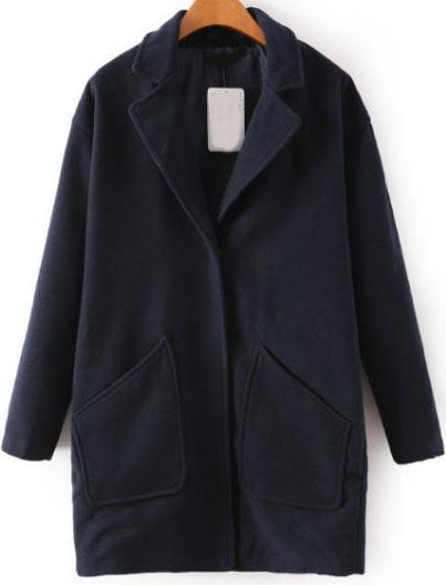 Romwe Pockets Loose Woolen Coat-navy