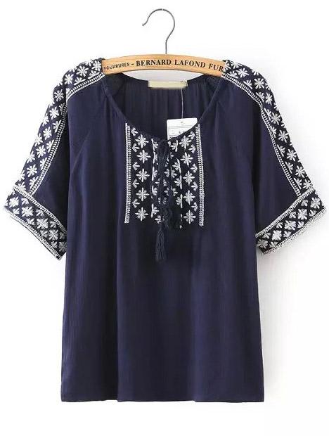 Romwe Navy Knotted Collar Tribal Embroidered Blouse