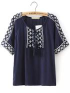 Romwe Navy Knotted Collar Tribal Embroidered Blouse