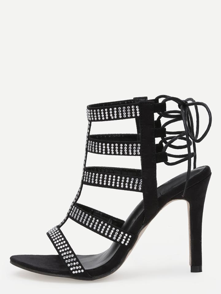 Romwe Black Rhinestone Encrusted Lace-up Sandals