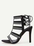 Romwe Black Rhinestone Encrusted Lace-up Sandals