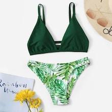 Romwe Ruched Cut-out Top With Random Palm Print Bikini