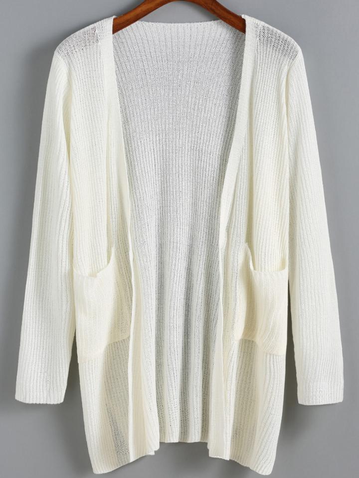 Romwe Open Front Pockets White Cardigan