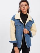 Romwe Faux Fur Sleeve Contrast Denim Jacket