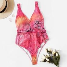 Romwe Snakeskin Belted Low Back One Piece Swimsuit